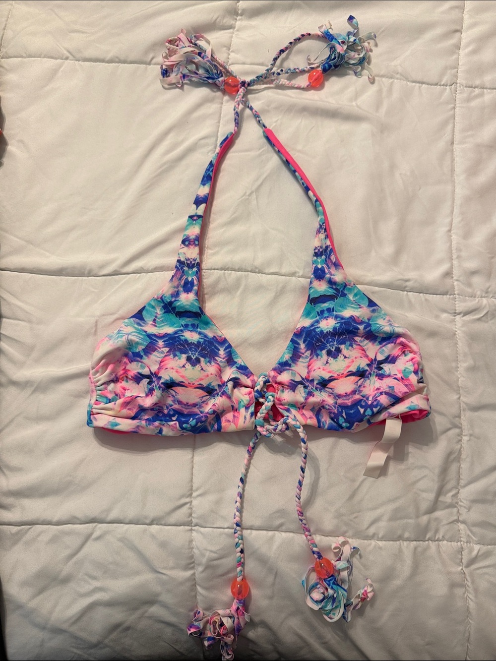 *Reversible*  Colorful / Hot Pink Floral Tie-Front Halter Bikini Top